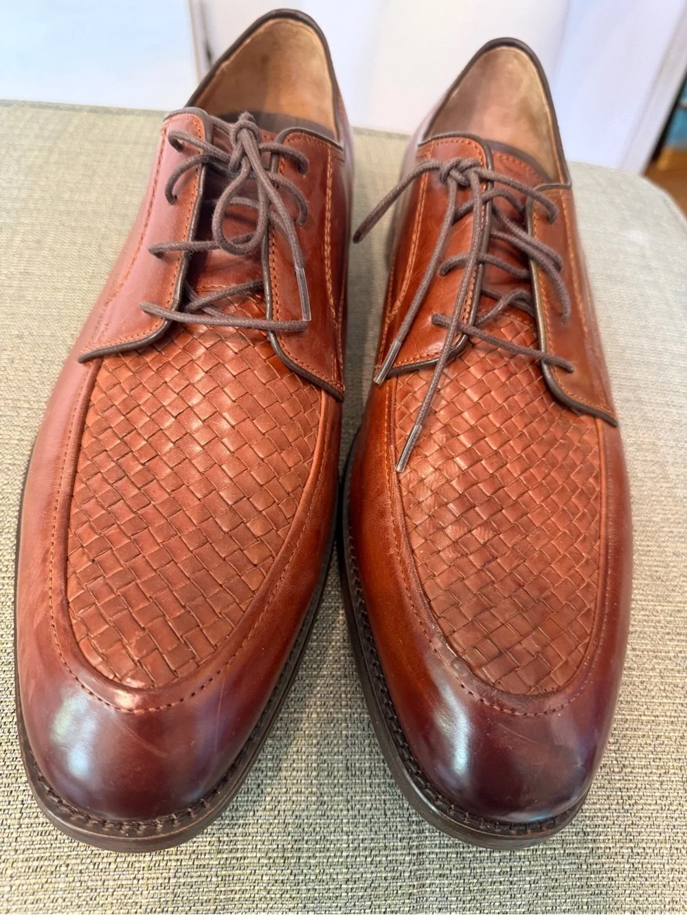 Johnston & Murphy Woven Leather Lace-Up Oxfords in Chestnut Brown